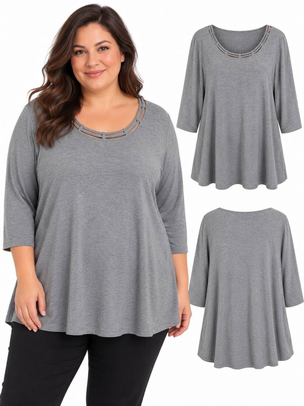 Catherines 3X Gray Cutout Neck 3/4 Sleeve Cotton Tunic